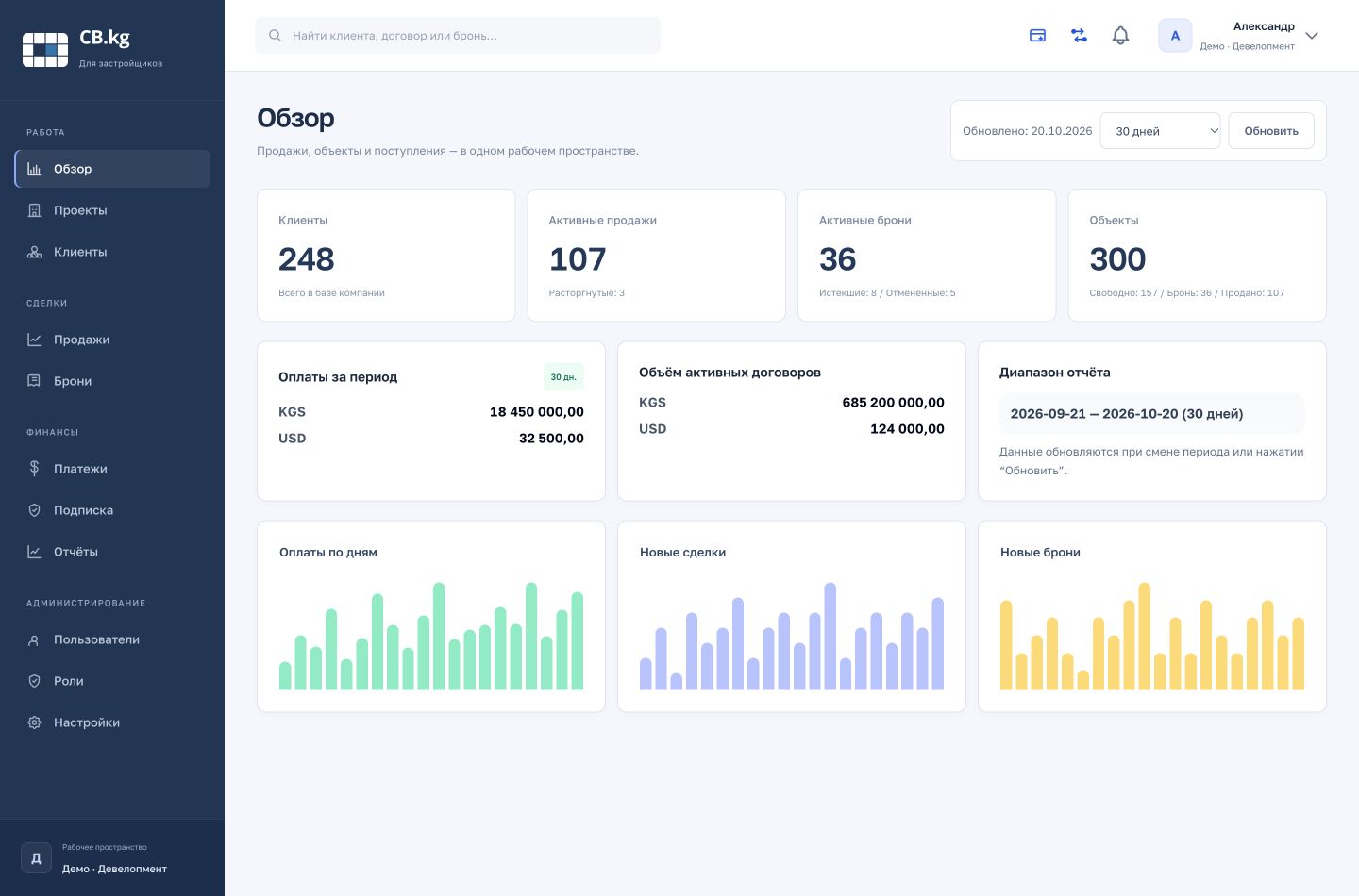 Обзор CB.kg — интерфейс с демонстрационными данными